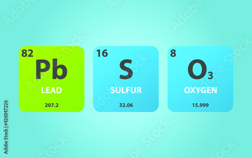 Lead Sulfite PbSO3 molecule. Simple molecular formula consisting of Lead, Sulfur, Oxygen elements. Chemical compound simplified structure on blue background, for chemistry education
