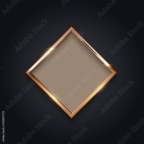 Golden rhobus frame for picture on gray background. Blank space for picture, painting, card or photo. 3d realistic modern template vector illustration. Simple gold object on wall.