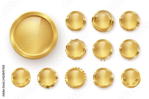 Award golden blank medals 3d realistic illustration. First place medals with laurel leaves. Certified. Quality blank, empty badge, emblem set photo