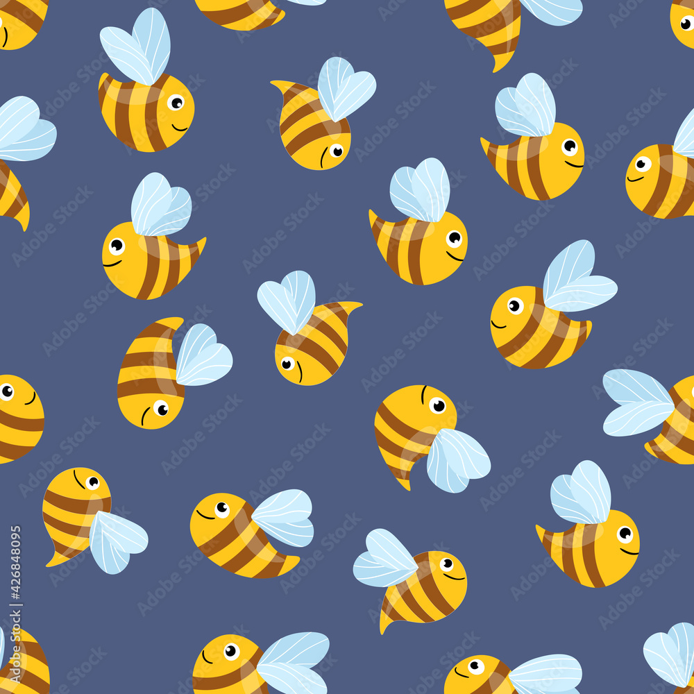 Seamless pattern with bees on white background. Small wasp. Vector illustration. Adorable cartoon character. Template design for invitation, cards, textile, fabric. Doodle style Seamless pattern with bees on white background. Small wasp. Vector illustration. Adorable cartoon character. Template design for invitation, cards, textile, fabric. Doodle style