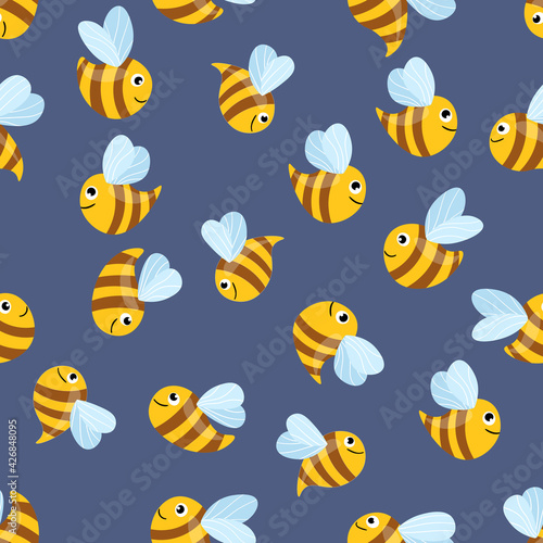 Seamless pattern with bees on white background. Small wasp. Vector illustration. Adorable cartoon character. Template design for invitation  cards  textile  fabric. Doodle style