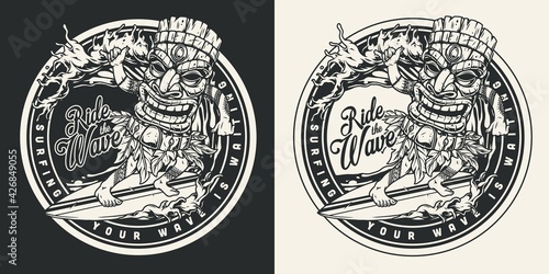 Surfing vintage monochrome round label