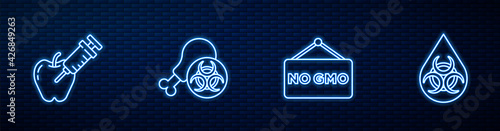 Set line No GMO, Genetically modified apple, Gmo research chicken and . Glowing neon icon on brick wall. Vector