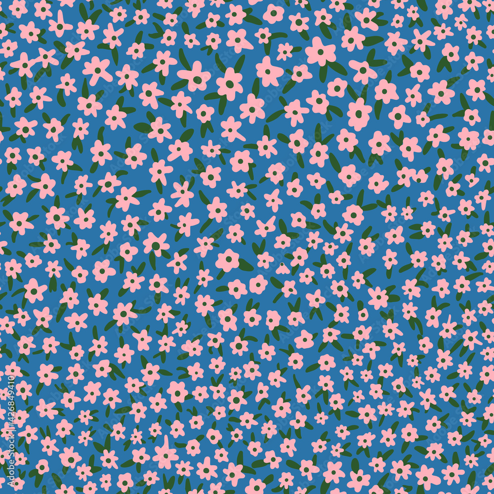 Cute ditsy daisy seamless pattern. Vector flower with leaves all over print with blue background. Cute ditsy daisy seamless pattern. Vector flower with leaves all over print with blue background.