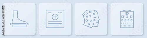 Set line Flat foot, Psoriasis or eczema rash, Clinical record and Eye test chart. White square button. Vector