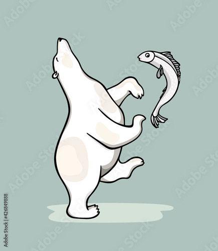 Vector illustration of hand drawn dancing polar bear juggling freshly caught fish. Beautiful ink drawing, animal design elements.