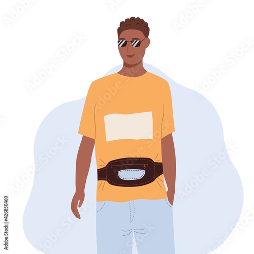 African American man wearing sunglasses and with fanny pack. The character is isolated on a white background. Flat cartoon vector illustration. photo