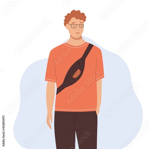 Man with fanny pack. The character is isolated on a white background. Flat cartoon vector illustration.
