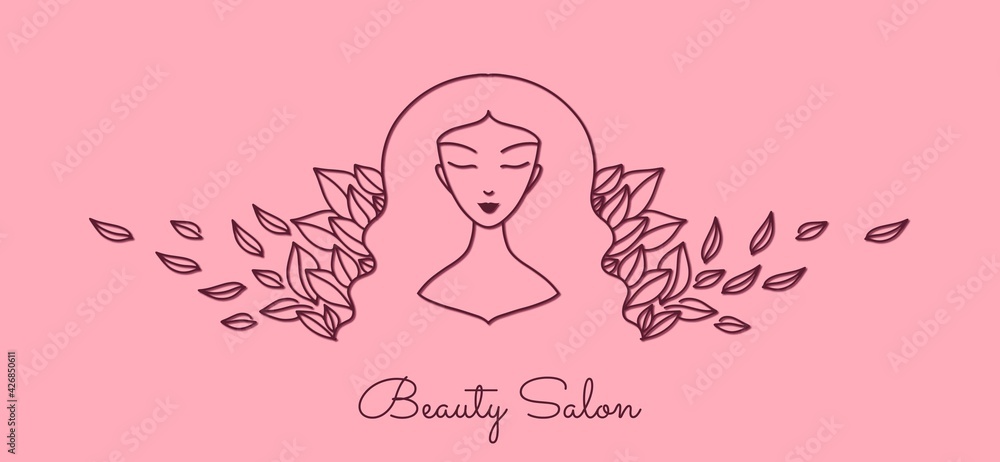 Paper cut style, logo for beauty salon. Beautiful woman with long curly hair, romantic mood, flying leaves. Symmetrical portrait. Template for banner, cover, leaflet, landing page. 