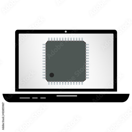 Abstract technology, hardware, electronic, engineering illustration vector isolated on white background. Hand-drawn microprocessor shape in a laptop. Concept design for presentation, banner, websites.