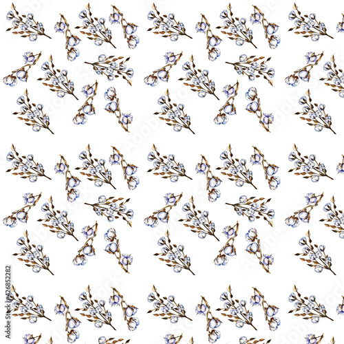 Cotton pattern watercolor handmade on white background