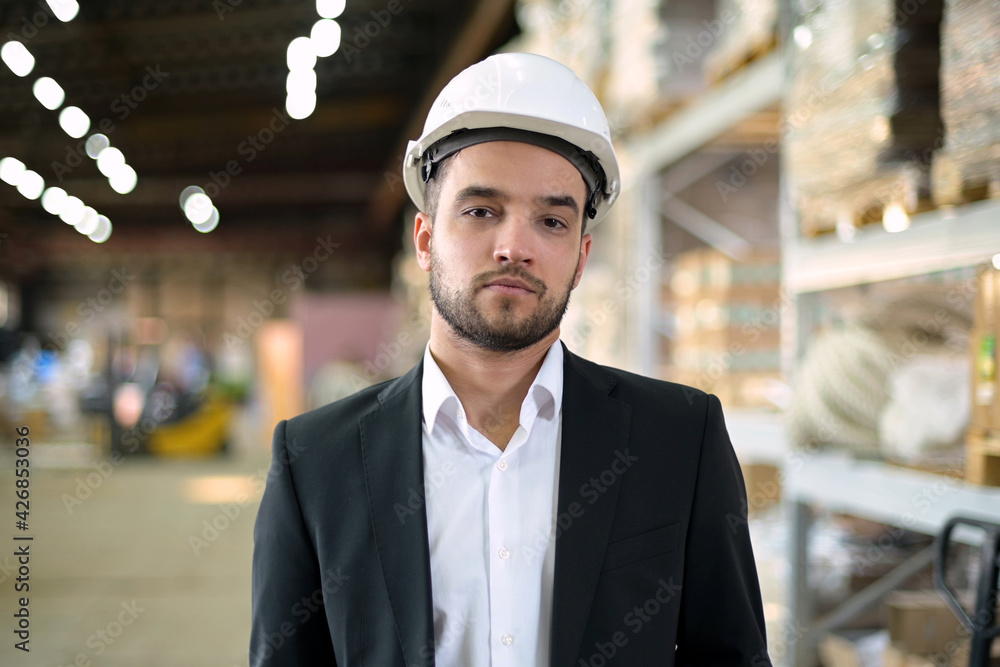 Portrait of a young man, a production manager. Young bearded boss smiling Portrait of a young man, a production manager. Young bearded boss smiling