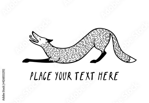 Vector card with hand drawn sweet stretching red fox made in linocut style. Beautiful animals design elements, ink drawing. Wonderful illustration of a wild animal made in cartoonish style.