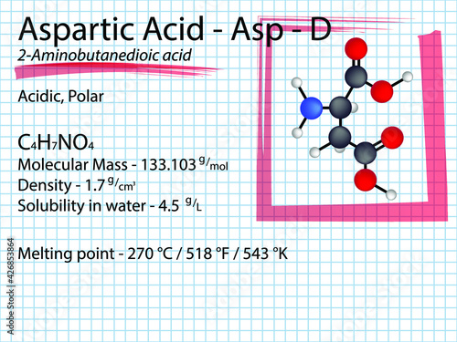 Aspartic acid - Asp - D - Non Essential Amino Acid molecular formula, chemical structure, properties, solubility, density, mass. 2D Ball and stick model on school paper sheet background.