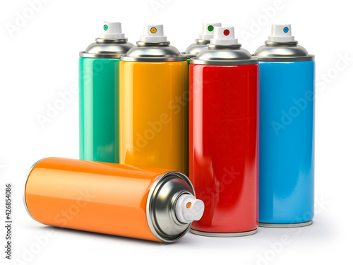 Canvastavla Colorful graffity spray paint cans or bottles of aerosol isolated on white