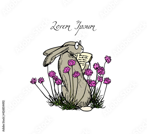 Vector card with hand drawn cute hare reading a book in pink flowers made with ink. Perfect design elements, beautiful animal illustration