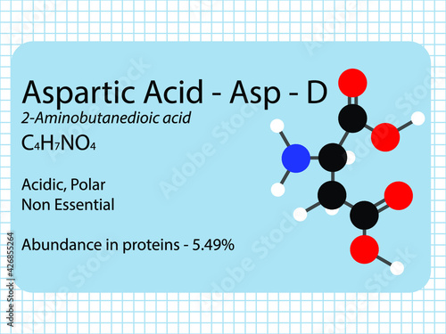 Aspartic acid - Asp - D - Non Essential Amino Acid molecular formula, chemical structure, abundance in proteins. 2D Ball and stick model on school paper sheet background.