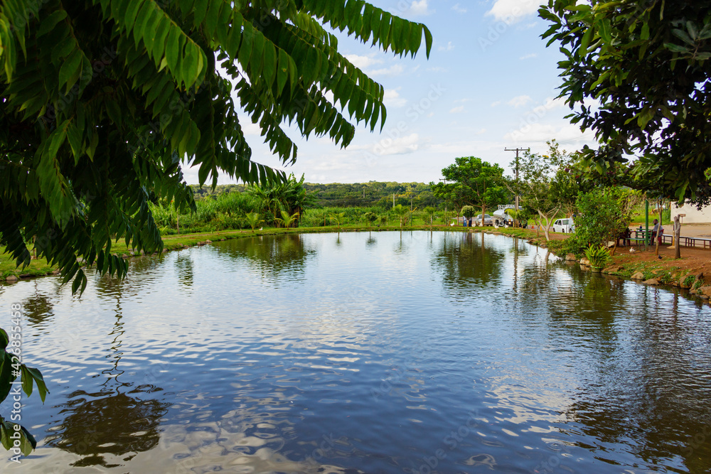 Paisagem. Foto do lago do Parque Balneário rodeado de árvores com céu azul com algumas nuvens.