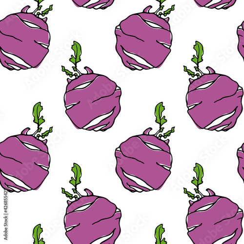 Vector seamless pattern with hand drawn ripe purple kohlrabi. Beautiful food design elements, ink drawing. Perfect for prints and patterns