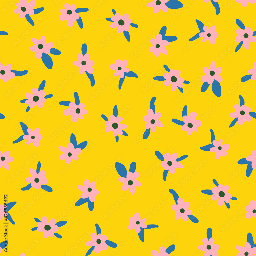 Cute ditsy daisy random placed seamless pattern. Pink vector flowers with leaves all over print with yellow background. Cute ditsy daisy random placed seamless pattern. Pink vector flowers with leaves all over print with yellow background.