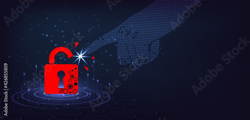 Cyber attack concept.Padlock red destroyed on dark blue background.Cyber crime vector illustration.Attack and information leak concept.