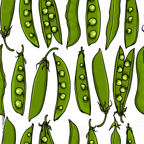Vector seamless pattern with hand drawn sugar snap pea pods. Beautiful food design elements, ink drawing. Perfect for prints and patterns