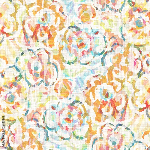 Fototapeta Naklejka Na Ścianę i Meble -  Watercolor flower motif background. Hand painted earthy whimsical seamless pattern. Modern floral linen textile for spring summer home decor. Decorative scandi style colorful nature all over print