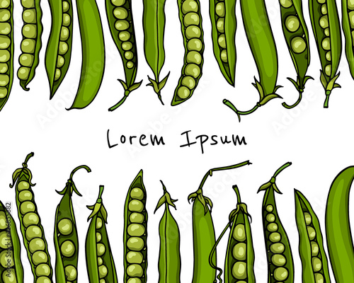 Vector card with hand drawn green pea pods. Beautiful food design elements, ink drawing