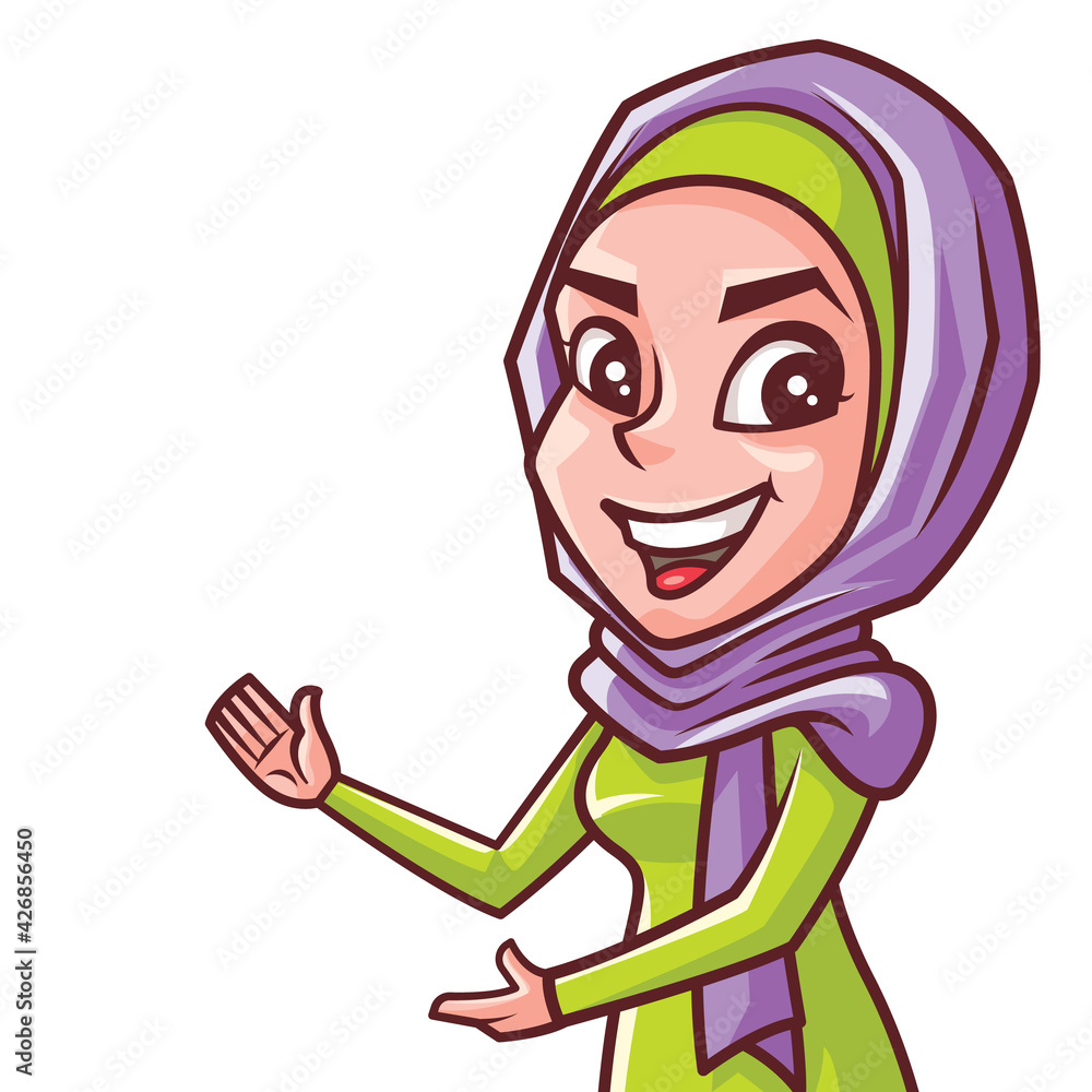 Fototapeta premium Smiling young muslim woman character in hijab presenting something on her empty palm and pointing at it on empty white space