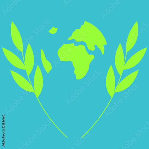 globe vector. flat image of planet earth between two leaves.