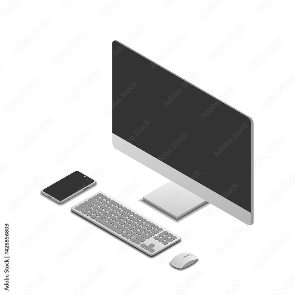 set of pc computer, monitor, keyboard, smartphone, and mouse in isometric view, vector illustration isolated on white background set of pc computer, monitor, keyboard, smartphone, and mouse in isometric view, vector illustration isolated on white background