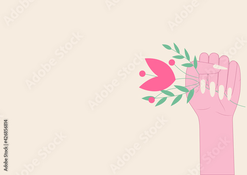 vector female hands with a bouquet. flat image of a postcard with flowers clenched in a female fist.