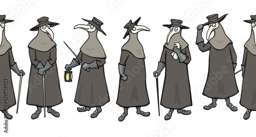 Vector horizontal seamless pattern with hand drawn plague doctor in traditional protective costume with a glowing lantern. Ink drawing, perfect for prints and patterns
