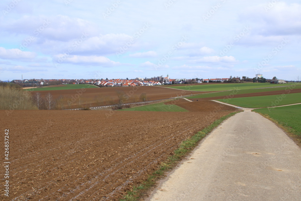 Blick über Wiesen und Felder auf die Gemeinde Heimerdingen