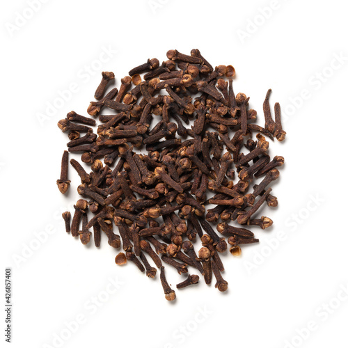 Cloves – Pile of Dried Clove Spice, Heap of Aromatic Condiment – Top View, Close-Up Macro, from Above – Isolated on White Background