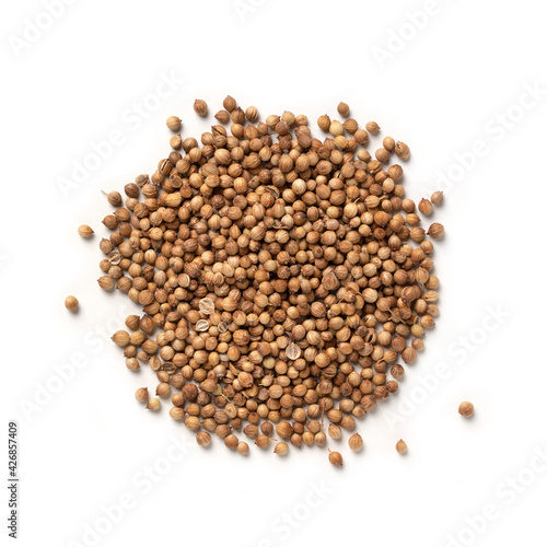 Coriander Seeds – Pile of Dry Coriander Fruits, Aromatic Spice – Top View, Close-Up Macro, from Above – Isolated on White Background
