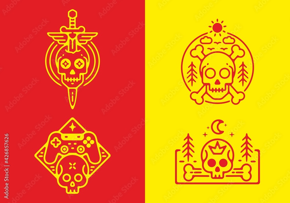 Red and yellow line art design of head skull illustration Red and yellow line art design of head skull illustration