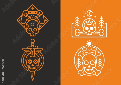 Orange black and white color of skeleton tattoo set