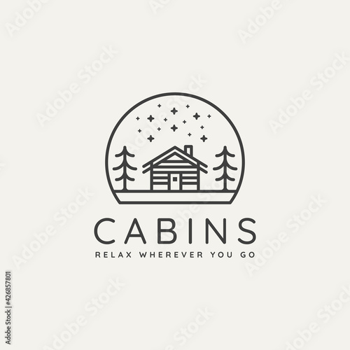 winter wooden cabin minimalist line art badge logo template vector illustration design. simple minimalist cottage, lodge, housing emblem logo icon concept
