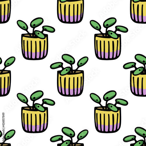 Vector seamless pattern with hand drawn Chinese money plant in painted pots. Ink drawing, graphic style. Beautiful floral design elements, perfect for prints and patterns