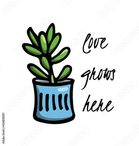 Vector card with hand drawn succulent in painted pot. Ink drawing, graphic style. Beautiful design elements.