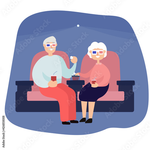 Vector illustration. Couple of seniors in cinema.