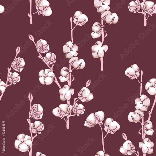 Cotton Flowers Seamless Pattern.