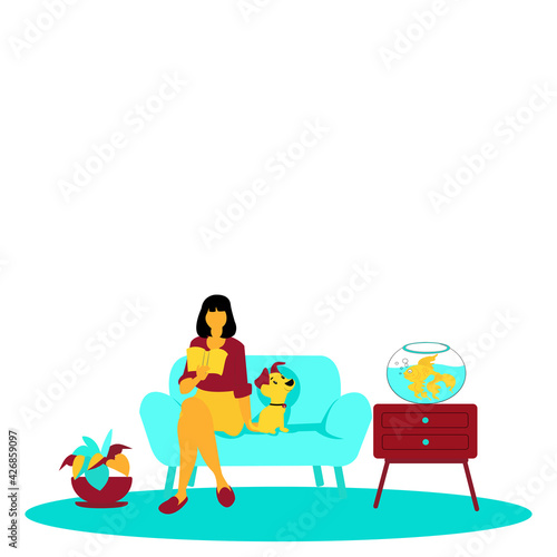 Fototapeta Naklejka Na Ścianę i Meble -  No face girl reading book on light blue sofa with cute dog in living room has golden fish in round jar on crimson  drawer table. Young woman relaxing on chair reading book at home. Vector flat isolate