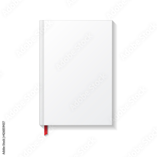 Blank white book or notebook with red ribbon bookmark top view mockup template.