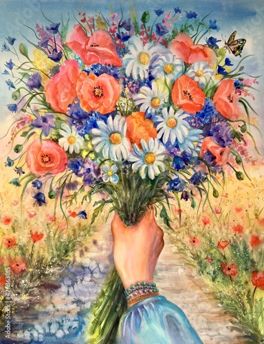 Wallpaper Mural Watercolor bouquet. Girl hold wildflowers: poppies, cornflowers, chamomile. Design element.  Torontodigital.ca