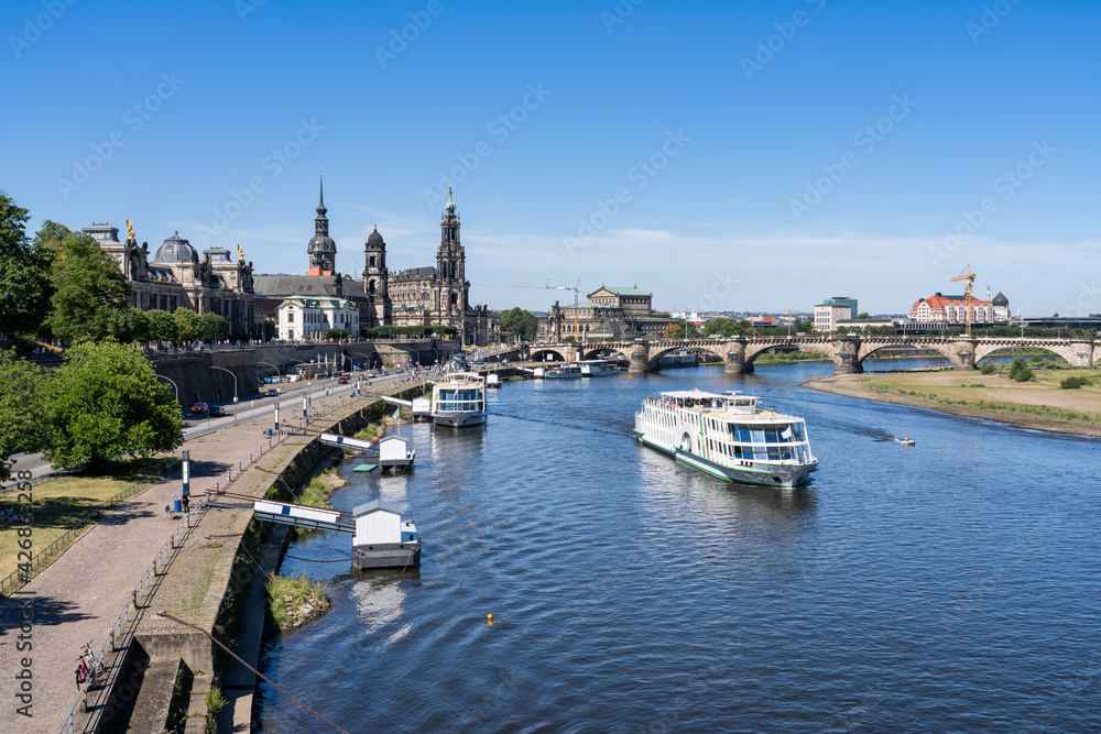 Dresden skyline along the Elbe River in summer