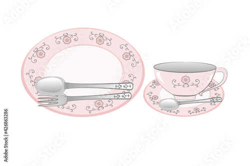 Sweet pink kitchen household cutlery teacup and plate with spoon. Isolate on white background.Style vintage.