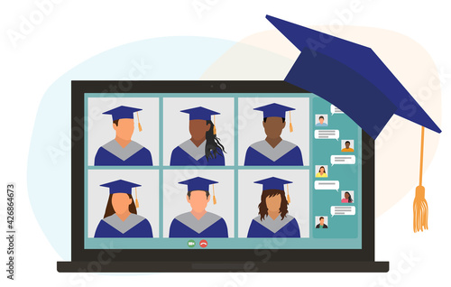 Virtual graduation ceremony. Graduates in graduating clothing communicate via video call. Laptop screen. Communication of students graduates. Vector illustration