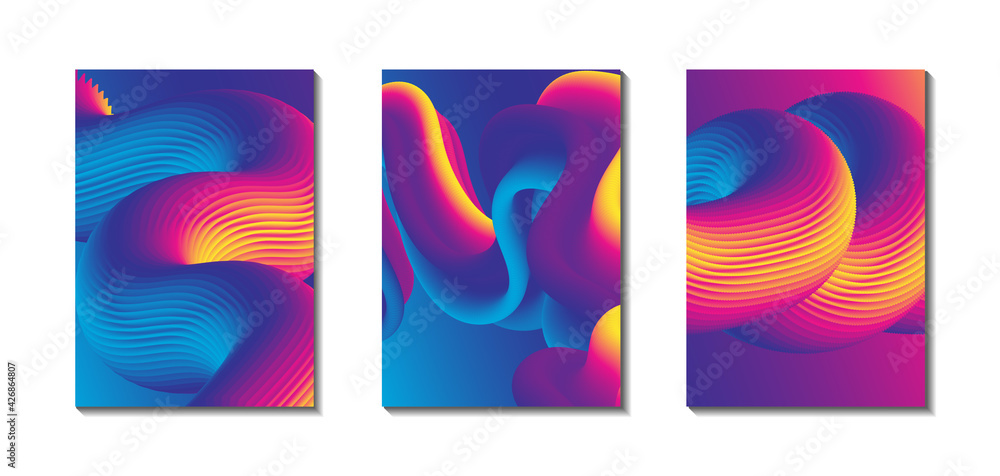 Set of trendy abstract design templates with 3d flow shapes. Dynamic gradient composition. Applicable for covers, brochures, flyers, presentations, banners. Vector illustration. Eps10